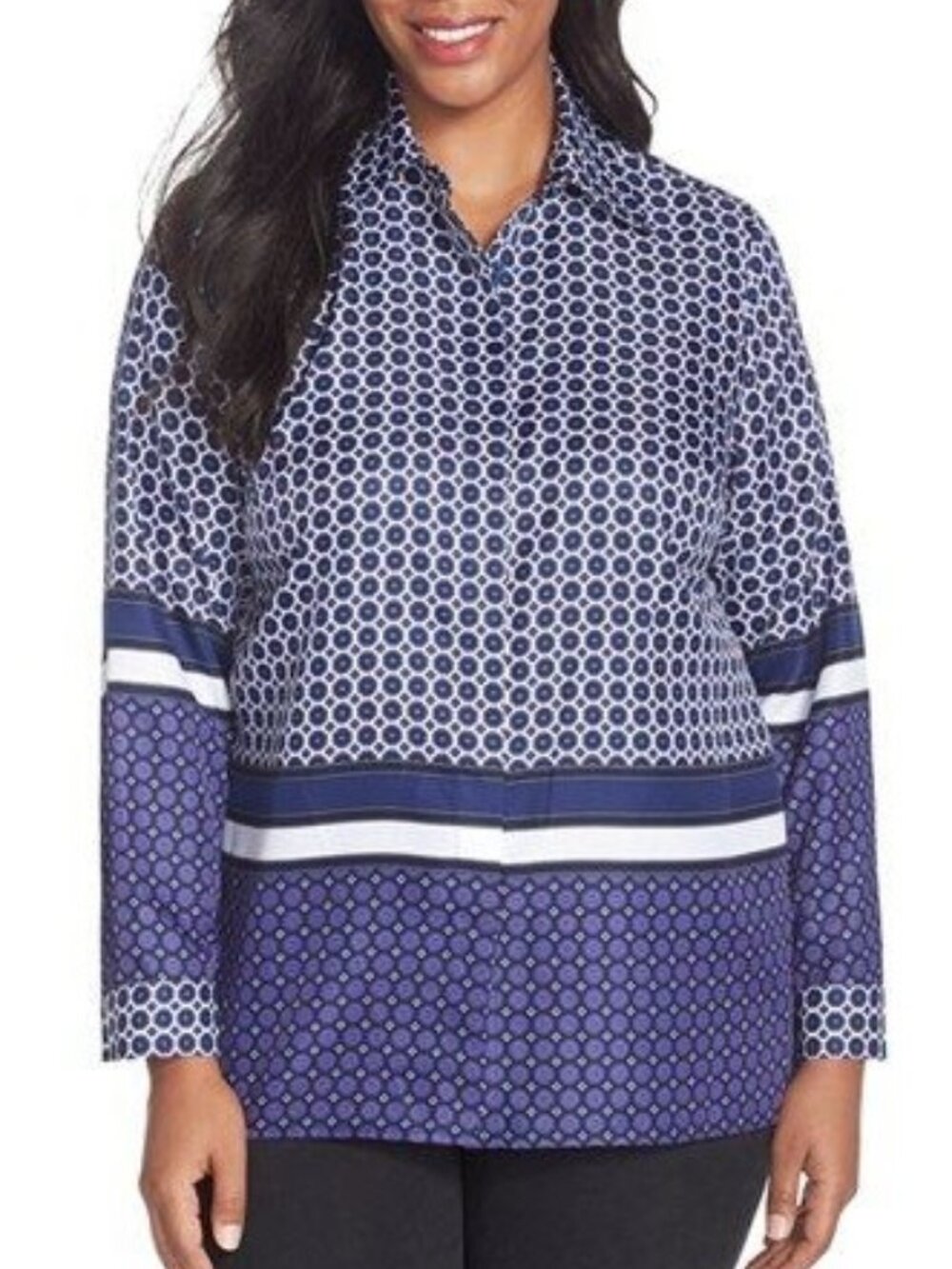 MICHAEL Michael Kors Blouse Navy Blue Durie Border Print Medium Button Front